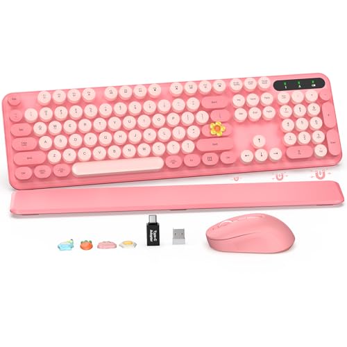 Wireless Keyboard and Mouse Combo - Retro Keyboard with Round Keycaps, Full-Size Typewriter Keyboard with Detachable Wrist Rest, 2.4GHz Connection for Mac/Windows/PC (Baby Pink)