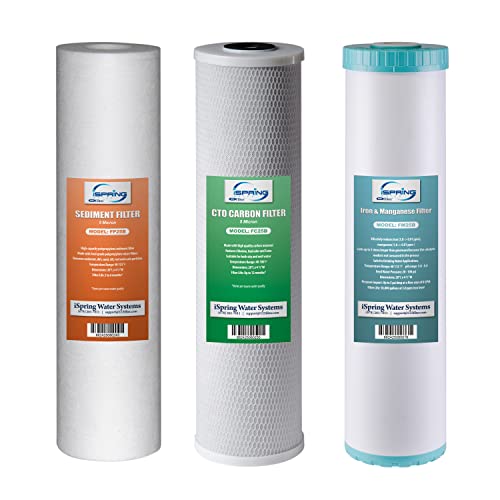 iSpring F3WGB32BM 4.5” x 20” 3-Stage Whole House Water Filter Set Replacement Pack with Sediment, CTO Carbon Block, and Iron & Manganese Reducing Cartridges Fits WGB32BM , White (Pack of 1)