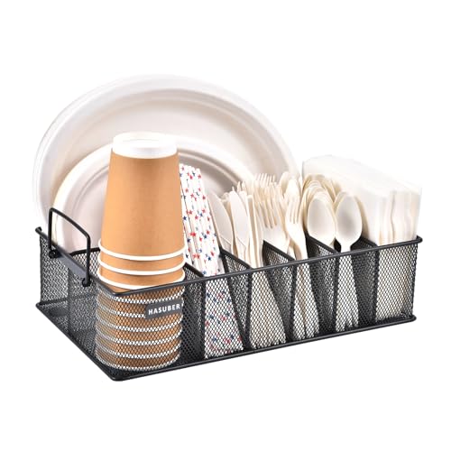 Silverware Organizer with Handle - Metal Utensil Caddy for Kitchen Counter, 7 Compartment for Plate, Cup, Napkin, Paper Plate Dispenser for Party, Picnic