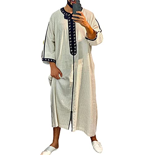 KEHAIOO Men's Arabic Dress Long Islamic Kaftan Abaya Color Block Patchwork Djellaba Ethnic Style Clothing Cream