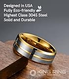 King Ring 8mm Flat Lines Ring – Ultra Polished Mens Ring with Two Matt Lines Stainless Steel Wedding Band K18 – Gold Silver 9