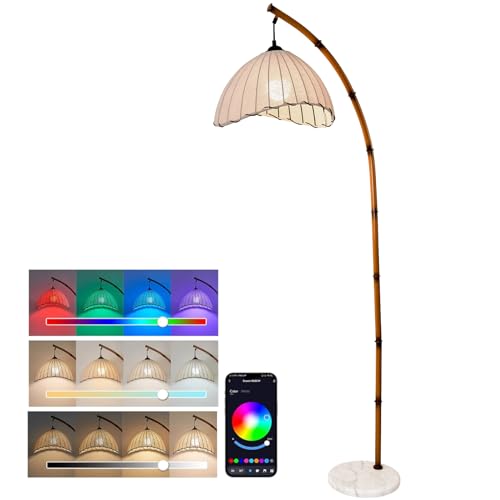 Ru Rao Retro Bamboo Floor Lamp - Unique Bohemian Hanging Arc Floor Lamp with Antique Rattan Style, RGB Colorful Dimmable Vertical Lamp for Dining Room Farmhouse Study Living Room