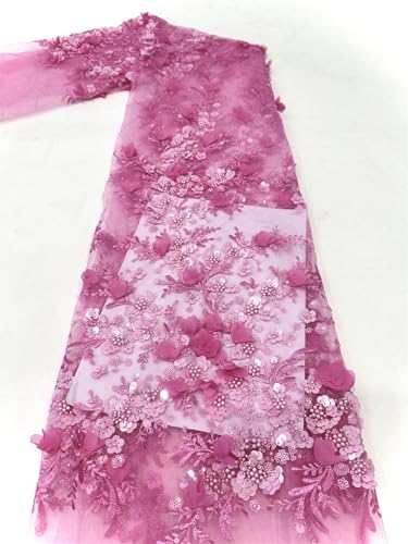 Exquisite Sequins Pearls Bridal Beaded Lace Fabric African 3D Lace Fabric for Party5 Yard (5 yards,Rose red)