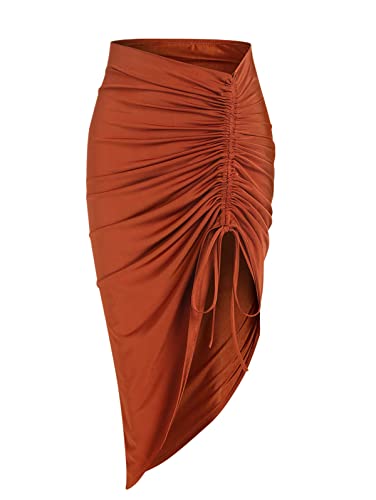 ZAFUL Skirts for Women Sexy Slit Side Front Ruched Skirt High Waist Bodycon Asymmetrical Drawstring Skirt(L,BA-Brick Red)