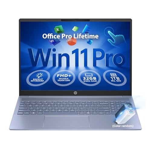 HP Pavilion 16 Touchscreen Laptop – Intel Core 7 150U (Beats i7-1355U) – 16" WUXGA Display – AI Copilot, Backlit – Windows 11 Pro, Office Pro Lifetime 65W GaN Charging– Sky Blue – 32GB RAM | 1TB SSD