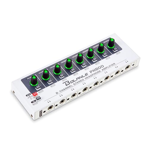 Bolanle PH800 8-Channel Headphone Amplifier 3.5mm&6.35mm Jacks, Headphone Splitter with 16 Output Port, Compact Headphone Amp with Mono and Stereo Switch, 7 Color Breathing Light