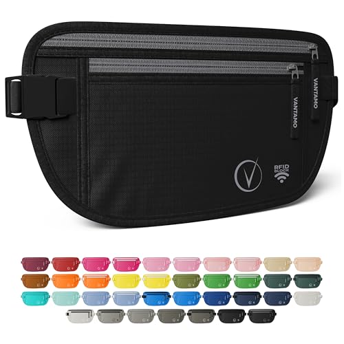 Vantamo Hidden Money Belt For Extra Safety, RFID Protected Ultra-Thin Fanny Pack, 2 Compartment Money Bag Fits Passport & Phone to Protect Valuables, Black Fanny Pack for Traveling & Hiking