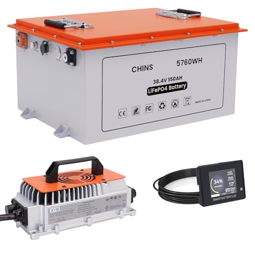 CHINS Smart LiFePO4 Battery Bluetooth 36V 150AH Lithium Battery Perfect for Golf Cart, Trolling Motor etc | Built-in 200A BMS | Includes 36V 25A Lithium Battery Charger, Battery Monitor