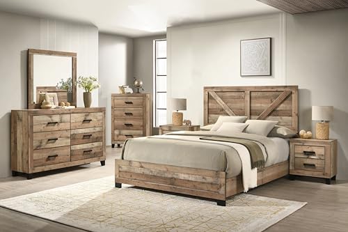 Kings Brand Furniture 6-Piece Antique Natural Queen Size Bedroom Set - Bed, Dresser, Mirror, Chest and 2 Nightstands