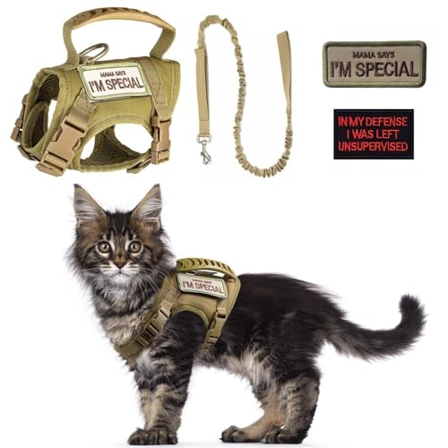 Tactical Cat Harness and Leash Set for Walking Escape Proof Adjustable Large Cat Vest Harness with Patches Soft Mesh Padding Rubber Handle Easy to Control (Khaki Harness & Leash)