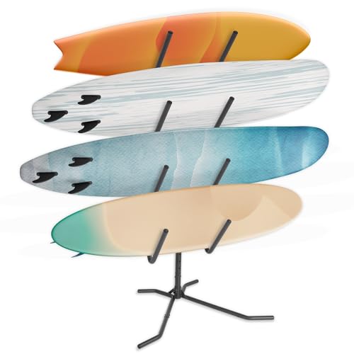 CyclingDeal Freestanding 4 Surfboard Storage Rack - Patented Design Premium Quality Stand with Adjustable & Thick Rubber Protected Holders - Easy to Setup