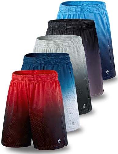 5 Pack: Mens Athletic Shorts, 9" Mesh Basketball Shorts Men Active Gym Shorts with Pockets (Set 3, Large)