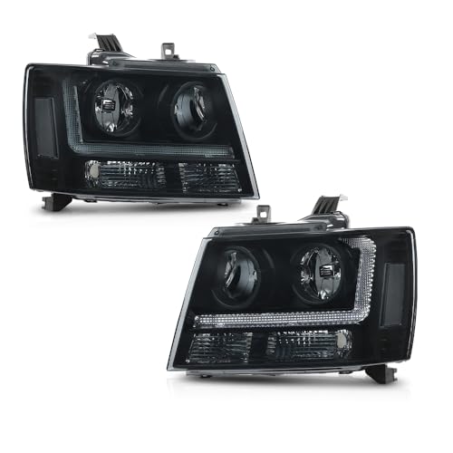 PIT66 LED Headlight Assembly Compatible with 2007-2013 Chevy Avalanche Suburban/Fit 2007-2014 Tahoe, Smoke Lens Black Housing Clear Reflector Headlamp Replacement