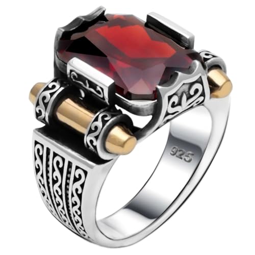 Genuine Solid 925 Sterling Silver Ring for Men, Accented with Bronze, Faceted Simulated Red Ruby Stone, Vintage Turkish Ottoman Style (Simulated Ruby, 8)