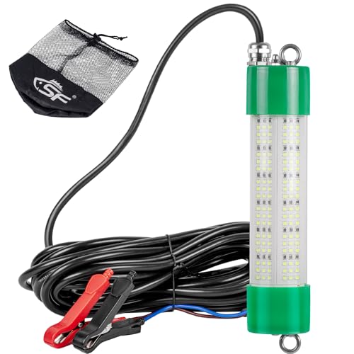 SF DC 12V LED Underwater Fishing Light 200W Fish Attracting Light 24000lm Green Fishing Submersible for Dock and Boats IP68 Waterproof 32ft with only Battery Clips to Provide Power