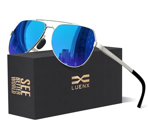 LUENX Men Women Aviator Sunglasses Polarized Shades Flexible Spring Hinge - Dark Blue Mirror Lens Silver Metal Frame 60mm