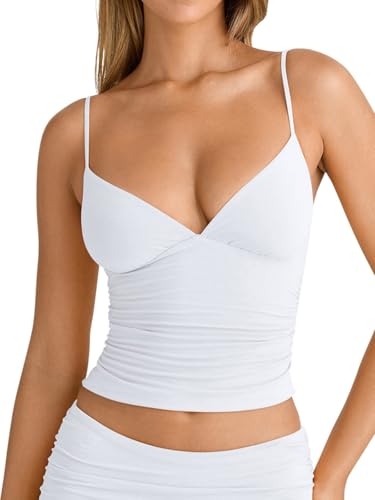 PINKMSTYLE Womens Basic V Neck Spaghetti Strap Tank Top Double Lined Sleeveless Crop Cami Tank Tops Y2k Going Out Tops White Small