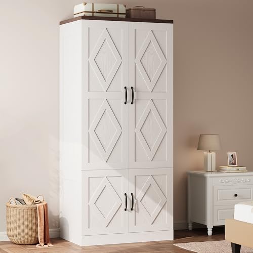 ModernMate Armoire Wardrobe Closet, 72" Tall Wood Cabinets with 4 Doors, Clothing Storage Closet Wardrobe with Adjustable Shelves, Hanging Rod, White Cabinet for Dressing Bedroom Living-Room