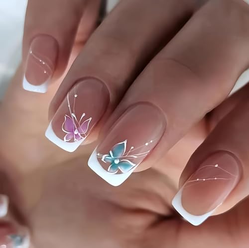 Curvlife Short Press on Nails, 30pcs Acrylic Fake Nails with Design Butterfly Style Full Cover False Nails for Women Reusable Kit with Nail Glue Adhesive Tabs Nail File