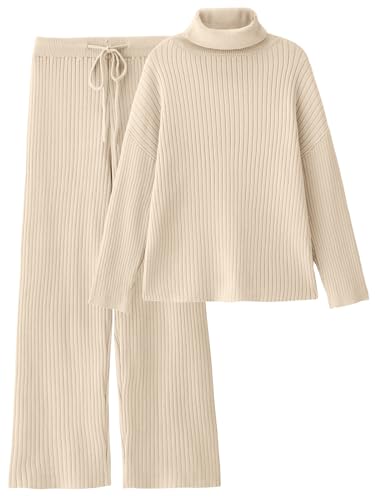 LILLUSORY Women 2 Two Piece Outfits Winter Clothes Turleneck Sweater Matching Lounge Sets Wide Leg Pants 2025 Fall Trendy Cozy Ribbed Knit Sweatsuits Sweat Suit Travel Loungewear Apricot M