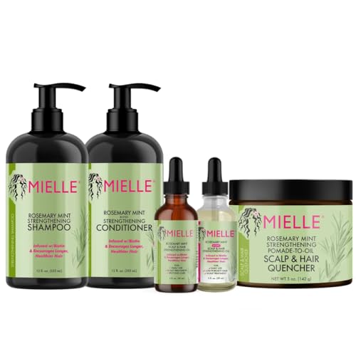 Mielle Men's Grooming Bundle Rosemary Mint - 5-Piece Complete Routine - Biotin-Infused Shampoo, Conditioner, Scalp & Hair Oils, Hair Quenching Pomade