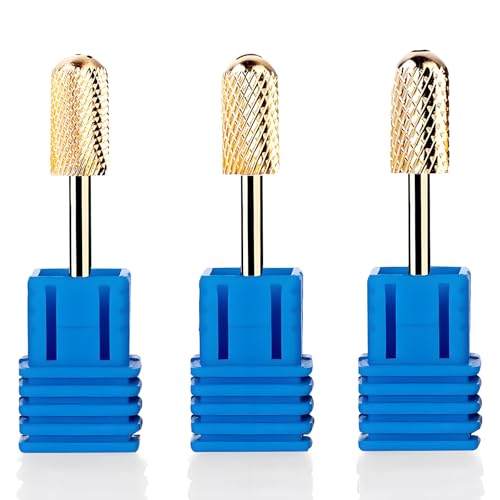 Safety Nail Drill Bits - 3/32'' Smooth Round Top Large Barrel Carbide Bits, Suitable for Manicure Pedicure Cuticle Gel Polishing, Beginners Bits, Gold, 3Pcs (Fine, Medium, Coarse)