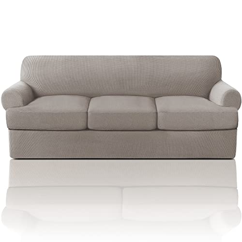 PrinceDeco T Cushion Sofa Slipcover 4 Pieces Sofa Covers for T Cushion Couch Soft Sofa Slip Covers Furniture Protector with 3 Individual T Shape Seat Covers Width Up to 90 Inch, Taupe