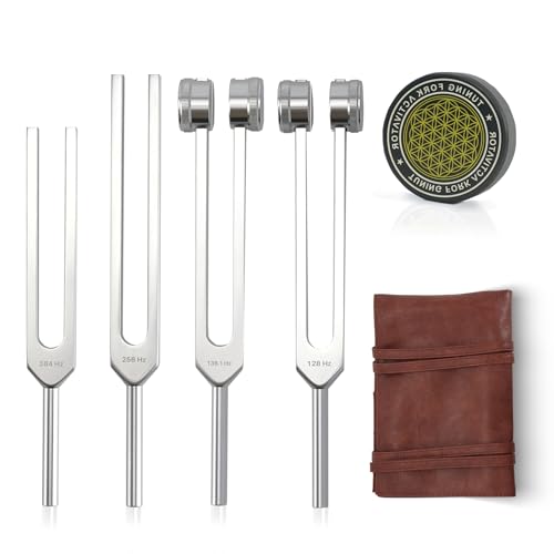 Tuning Forks for Healing Set – Includes 128Hz, 136Hz, 256Hz, 384Hz & Activator, Portable in Red Leather Pouch – Medical Grade Sound Healing Instruments for Chakra, Yoga, and Meditation