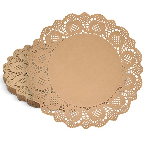 Gift Boutique 300 Pack Rustic Round Paper Place Mats 12" Disposable Light Brown Kraft Doilies Lace Scallop Doily for Cakes Desserts Table Party Decor