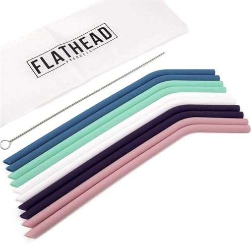 Bent Silicone Straws Reusable (Set of 10) and Cleaning Brush - Flexible, Long, Color Bendy Reusable Straws for 20oz-32oz Tumblers & 30oz Smoothie Cups - Dishwasher Safe, Kid Friendly, & Easy to Clean