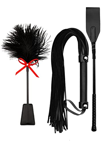 Feather Tickler Riding Crop and Faux Leather Whip for Couples Play - Black Three-Piece Set