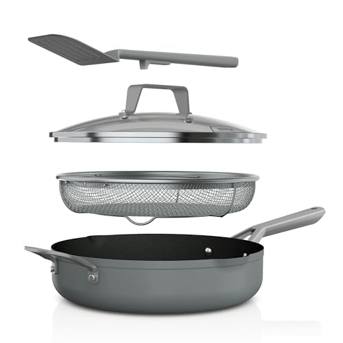 Ninja Foodi NeverStick Oven Safe Pan with Lid, Mesh Strainer, & Spatula, 4 Quart, Sea Salt Grey