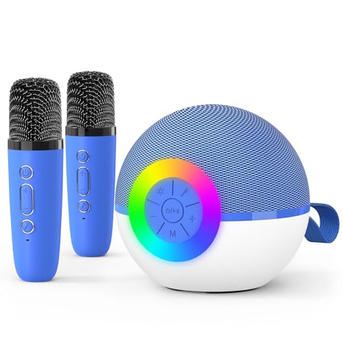 goopow Mini Karaoke Machine Speaker for Kids Adults, Portable Bluetooth Microphone Song Toys with LED Light, Best Chritmas Birthday Festival Gift for 3 4 5 6 7 8+ Year Old Girls Boys (Blue-2MIC)