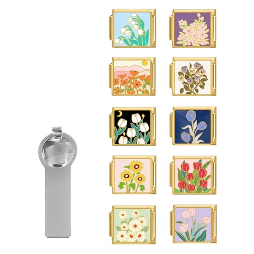 papasgix Italian Charm Bracelet Charms Gold Pack Links Bulk with Opening Tool 9mm Italian Charms Flowers Italian Modular Bracelet Links Handmade DIY Jewelry