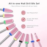 Depvko 10PCS Ceramic Nail Drill Bits, Professional 3/32 inch Electric Manicure Pedicure Drill Bits Nail Tech Set for Acrylic Gel Nails, Efile Cuticle Remover Safety Bit for Nail Drill File, Pink