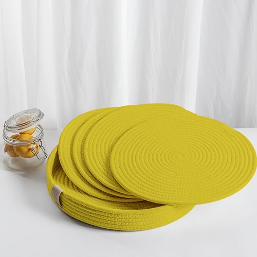 Art PineCone Round Placemats Set of 4, Yellow Woven Cotton Rope Chargers for Dinner Plates, Non-Slip, Heat Resistant Table Decor, Boho Farmhouse Kitchen Decor(Yellow, 13 inch)