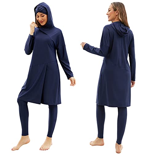 Muslim Swimsuits for Women Hijab Modest Islamic Arabic Swimwear Burkini Swimming Muslim Dress Top Pants Rash Guard 3 PCS Swim Bathing Suits Traje De Baño Musulmán para Mujer Dark Blue L