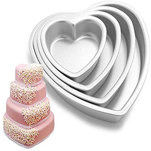 XKONG Heart-Shaped Cake Pan - Stainless Steel Mould, Removable Bottom, 4 Sizes (5 inch, 6 inch, 8 inch, 10 inch) Set