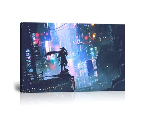 HJL Art Cyberpunk Japanese Samurai Wall Art Prints Futuristic Samurai Standing on a Building in Cyberpunk City Canvas Painting Pictures Framed for Living Room Bedroom Office Home Decor(36''W x 24''H)