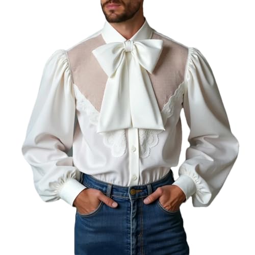Men's Lace Ruffled Bow Spliced Long Sleeved Shirt, Solid Color Casual Hollow Out Long Sleeved Shirt White S