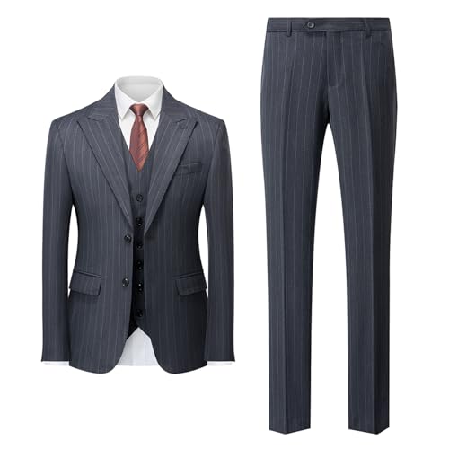 Men's Pinstripe 3 Piece Suit Set, Slim Fit Two Button Business Suit, Single Breasted Blazer Jacket Vest Pants