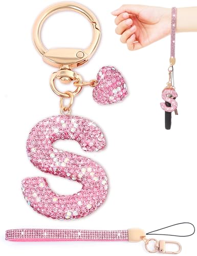 Pink Initial Keychain for Women Girls,Bling Letter S Key chain with Heart,Rhinestone Wristlet and Letter Keychain Charms for Backpack Handbag