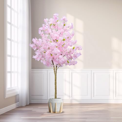 Luabue Artificial Cherry Blossom Tree,6FT Tall Fake Sakura Tree with Realistic Pink Silk Flower in Nursery Pot,17 Branches Faux Cherry Blossom Tree for Home Porch Indoor Outdoor Decor