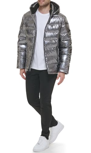Guess Men's Holographic Hooded Puffer Jacket, Graphite, Large
