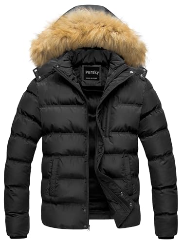Pursky Bubble Coat Men Warm Parka Winter Insulated Working Hiking Travel Snow Sports Faux Fur Hooded Jacket Black M