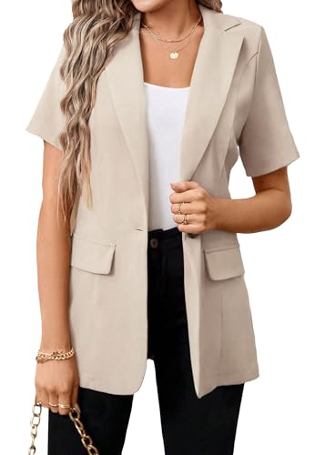 Short Sleeve Blazers for Women Jacket 2025 Summer Lightweight Khaki Womens Jackets Long Fitted Petite Business Casual Work Office Outfits Tops Light Ladies Suits Women's Suit Blazer