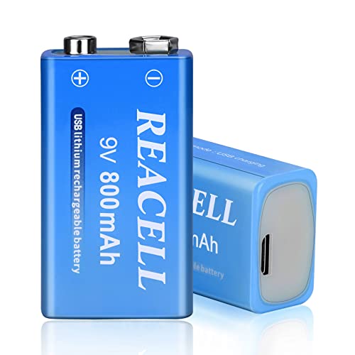 REACELL 2 Packs Rechargeable 9V Batteries 800mAh, 9 Volt USB Charging Batteries for Smoke Alarms, Multimeters, Microphones, Walkie-Talkie and Toys