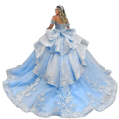 Zhangyo Beaded Quinceanera Dresses Ball Gown Puffy Tulle Sweet 15 16 Dresses for Women Layered Lace Off The Shoulder Prom Birthday Gowns Sky Blue 2