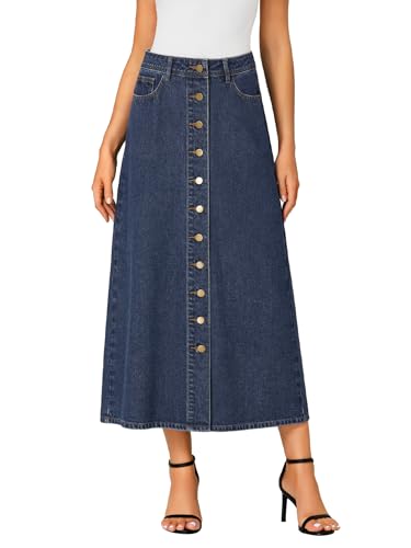 Vrtige Women's Casual Button Down High Waisted A Line Jean Midi Long Denim Skirt with Pockets Solid Blue Large