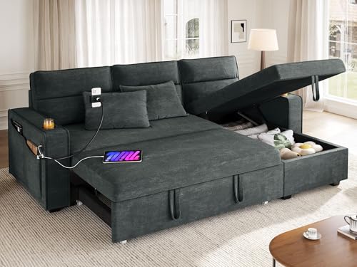 YITAHOME 85" Sleeper Sofa, Convertible Sofa Bed Couch with Pullout Bed for Living Room, L-Shaped Sectional Sofa with Cup Holder Phone Holder USB Ports, 2 Pillows and Side Pocket, Dark Grey